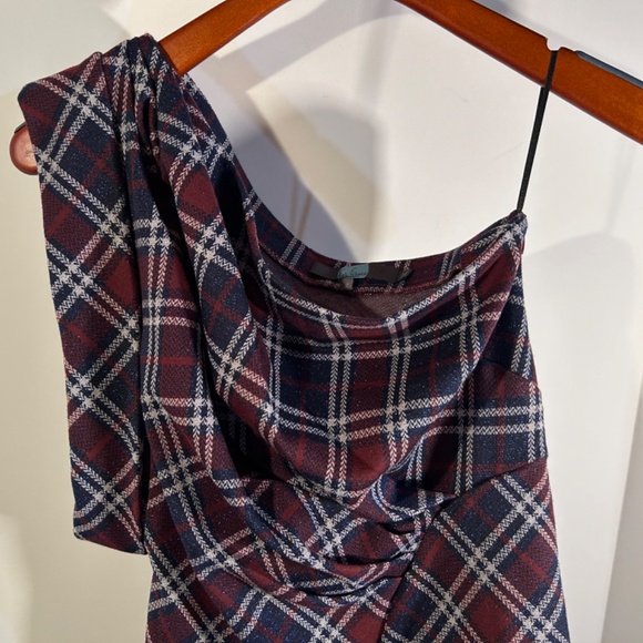 NWOT Eva Franco Daphne One Shoulder Plaid Glittered Ruched Top Size 2 - Picture 12 of 16